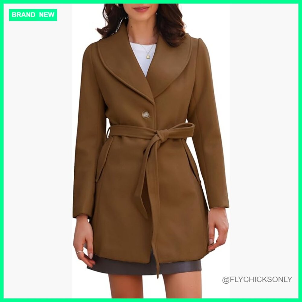 Polyester Pea Coat With Shawl Collar And Tie Belt